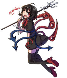Rule 34 | 1girl, asymmetrical wings, black dress, black hair, black thighhighs, blue wings, blush, bow, bowtie, commentary, dress, full body, hair between eyes, high heels, highres, holding, holding polearm, holding weapon, houjuu nue, looking at viewer, one-hour drawing challenge, one eye closed, open mouth, polearm, red bow, red bowtie, red eyes, red footwear, red wings, renshirenji, short dress, short hair, short sleeves, signature, simple background, smile, snake, solo, teeth, thighhighs, tomoe (symbol), touhou, trident, upper teeth only, weapon, white background, wings