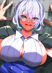 Rule 34 | 1boy, 1girl, against wall, amazora cakel, black jacket, blue eyes, blue skirt, blush, breasts, brid (nikke), button gap, cleavage, collarbone, collared shirt, commander (nikke), commentary request, dutch angle, goddess of victory: nikke, green hair, grey hair, hair between eyes, hair over one eye, hand on wall, high-waist skirt, highres, jacket, jacket on shoulders, kabedon, large breasts, long skirt, looking at viewer, mole, mole on breast, multicolored hair, open mouth, pov, pov hands, shadow, shirt, sideboob, sidelocks, skirt, sleeveless, solo focus, standing, sweat, two-tone hair, upper body, wall, white shirt