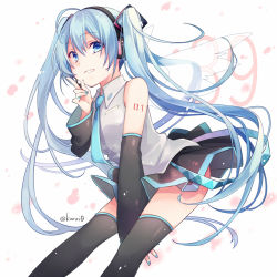 Rule 34 | 1girl, 39, aqua hair, blue eyes, blush, boots, detached sleeves, hair between eyes, hatsune miku, headset, kuroi (liar-player), long hair, looking at viewer, nail polish, pleated skirt, skirt, smile, solo, tattoo, thigh boots, thighhighs, twintails, twitter username, very long hair, vocaloid, wings