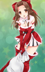 Rule 34 | 10s, 1girl, :d, adapted costume, belt, boots, bow, breasts, brown eyes, brown hair, christmas, cleavage, elbow gloves, fur collar, fur trim, gloves, hair bow, hair intakes, highres, jintsuu (kancolle), kantai collection, long hair, medium breasts, open mouth, plum (arch), red footwear, red gloves, red thighhighs, sack, santa costume, sidelocks, skirt, smile, solo, thigh boots, thighhighs, zettai ryouiki