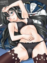 Rule 34 | 10s, 1girl, 2017, armpits, ass, black bra, black hair, black panties, blue eyes, blue skirt, blush, bra, breasts, brown thighhighs, cameltoe, character name, dated, epaulettes, glasses, hand on own forehead, hand on own stomach, headband, kantai collection, long hair, looking at viewer, medium breasts, navel, ooyodo (kancolle), open mouth, panties, pleated skirt, school uniform, serafuku, side-tie panties, skirt, solo, striped clothes, striped skirt, tatsumi ray, thighhighs, twitter username, underboob, underwear, underwear only, unworn clothes