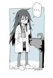 Rule 34 | ..., 1girl, absurdres, aqua theme, black pantyhose, blue theme, blush, brushing teeth, cup, dated, faucet, full body, highres, lab coat, long hair, luke (dydansgur), maddy lovecraft, miniskirt, monochrome, mug, necktie, original, pantyhose, pencil skirt, sink, skirt, slippers, solo, tears, toothbrush, toothbrush in mouth, toothpaste, very long hair