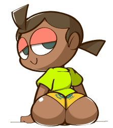 Rule 34 | 1girl, animal crossing, ass, black eyes, brown hair, clothes writing, dark skin, from behind, looking at viewer, looking back, low twintails, nintendo, shirt, short hair, short shorts, short sleeves, shorts, sitting, smile, twintails, vilepluff, villager (animal crossing), white background, yellow shirt, yellow shorts