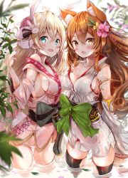 Rule 34 | 2girls, :d, ahoge, animal ear fluff, animal ears, aqua eyes, bare shoulders, black legwear, blonde hair, blush, breast press, breasts, brown eyes, brown hair, cleavage, commentary request, detached sleeves, flower, fox ears, fox girl, fox tail, fuku kitsune (fuku fox), green eyes, hair between eyes, hair flower, hair ornament, highres, japanese clothes, kimono, korin (shironeko project), long hair, looking at viewer, multiple girls, open mouth, rabbit ears, rabbit hair ornament, ribbon, shironeko project, small breasts, smile, symmetrical docking, tail, thighhighs, tsukimi (shironeko project), very long hair, wading, water, wide sleeves
