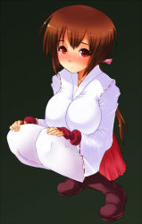 Rule 34 | 00s, 1girl, blush, boots, breasts, brown hair, fingerless gloves, gloves, goban, green background, large breasts, long hair, musubi, ponytail, red gloves, sekirei, simple background, solo, squatting, thighhighs