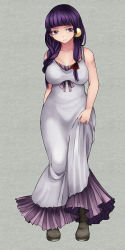 Rule 34 | 1girl, alternate costume, alternate hairstyle, aoshima, bare shoulders, blunt bangs, braid, breasts, collarbone, dress, hair over shoulder, highres, lavender dress, parted lips, patchouli knowledge, purple eyes, purple hair, simple background, single braid, sleeveless, sleeveless dress, solo, touhou