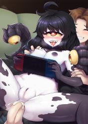 Rule 34 | 1boy, 1girl, :p, ahegao, ahoge, anal, ass, black hair, black skin, blush, grabbing another&#039;s breast, breasts, brown hair, cleft of venus, closed eyes, closed mouth, colored sclera, colored skin, commentary, commission, commissioner insert, cum, cum in ass, cyclops, english commentary, extra eyes, fat mons, gaothun, gazer (monster girl encyclopedia), girl on top, grabbing, grabbing from behind, hetero, highres, holding, large breasts, long hair, lying, monster girl, monster girl encyclopedia, nintendo switch, nipples, nude, one-eyed, open mouth, parted bangs, penis, playing games, pussy, raised eyebrow, red eyes, reverse cowgirl position, sex, sex from behind, sharp teeth, short hair, signature, smile, solo focus, spread legs, straddling, teeth, tentacle sex, tentacles, tongue, tongue out, uncensored, white skin, yellow sclera