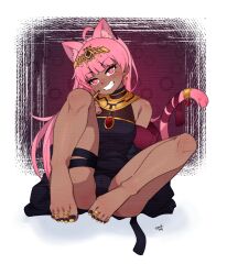 1girl animal_ear_fluff animal_ears bandaged_tail bandages bare_legs bare_shoulders barefoot black_dress black_jacket black_nails blunt_bangs blush cat_ears cat_girl cat_tail circlet colored_tips commission commissioner_upload dark-skinned_female dark_skin dress earrings egyptian egyptian_art egyptian_clothes feet fingersmile foot_focus gold gold_earrings gold_hairband gold_nails gold_necklace grin hairband hieroglyphics highres implied_pantyshot indie_virtual_youtuber isuress_(vtuber) jacket jewelry legs lingerie long_hair long_sleeves looking_at_viewer multicolored_hair nail_polish naughty_face necklace no_shoes on_floor open_clothes open_jacket ornate oversized_jacket panties pink_eyes pink_hair pink_tail presenting_foot ring ringed_eyes see-through_clothes see-through_legwear sharp_toenails simple_background sitting smile smug solo soul_art12 tail tail_ornament tiara tight_clothes tight_dress toe_ring toenail_polish toenails toes two-tone_nails underwear usekh_collar virtual_youtuber white_background wide_sleeves