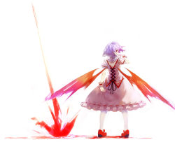 Rule 34 | 1girl, black ribbon, dress, female focus, finger to mouth, frilled sleeves, frills, from side, full body, legs apart, looking back, mary janes, pantyhose, pink dress, profile, puffy short sleeves, puffy sleeves, purple hair, red eyes, red footwear, red wings, remilia scarlet, ribbon, shoes, short hair, short sleeves, simple background, solo, standing, tlman, touhou, white background, white pantyhose, wings, wrist cuffs