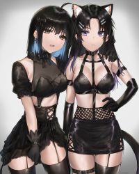 Rule 34 | 2girls, absurdres, ahoge, animal ear fluff, animal ears, arm around shoulder, arm strap, between breasts, black bow, black dress, black gloves, black hair, black skirt, black thighhighs, blue hair, blush, bow, breasts, brown eyes, cat ears, cat girl, cat tail, collarbone, commentary, cowboy shot, crop top, cross, cross earrings, detached sleeves, dress, earrings, elbow gloves, extra ears, freckles, garter straps, gloves, gradient hair, hair between eyes, hair bow, hair ornament, hairclip, hand on another&#039;s shoulder, hand on own hip, hand up, highres, irene (kanniiepan), jewelry, kannie (kanniiepan), kanniiepan, long hair, looking at viewer, medium breasts, medium hair, midriff, miniskirt, mole, mole under eye, multicolored hair, multiple girls, open mouth, original, parted bangs, parted lips, purple eyes, purple hair, short sleeves, simple background, single thighhigh, skirt, standing, tail, thigh strap, thighhighs
