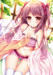 Rule 34 | 1girl, :o, bare shoulders, blurry, blurry foreground, blush, bow, breasts, brown eyes, brown hair, camisole, collarbone, commentary request, day, depth of field, dutch angle, fingernails, hair bow, hair ornament, holding, leaf, long hair, long sleeves, looking at viewer, loungewear, medium breasts, navel, original, parted lips, pink camisole, pink shirt, pink shorts, polka dot, polka dot shirt, purple bow, shirt, shitou, short shorts, shorts, sitting, sleeves past wrists, solo, spaghetti strap, strap slip, sunlight, thighhighs, two side up, very long hair, wariza, white thighhighs, window