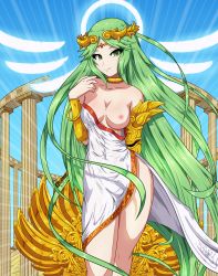 Rule 34 | 1girl, absurdly long hair, blue sky, breasts, dress, forehead jewel, green eyes, hair ornament, highres, jewelry, kid icarus, long hair, looking at viewer, medium breasts, nintendo, nipples, obakeart, one breast out, palutena, sky, smile, solo, super smash bros., vambraces, very long hair, white dress