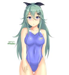 Rule 34 | 1girl, :o, alternate breast size, arm behind back, black bow, black ribbon, blue eyes, blue one-piece swimsuit, bow, breasts, collarbone, competition swimsuit, covered navel, cowboy shot, dated, eyebrows, gluteal fold, green hair, hair between eyes, hair flaps, hair ornament, hair ribbon, hairclip, hand on own leg, kantai collection, long hair, medium breasts, montemasa, one-hour drawing challenge, one-piece swimsuit, open mouth, ribbon, solo, swimsuit, twitter username, yamakaze (kancolle)