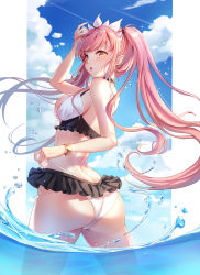 Rule 34 | 1girl, absurdres, adjusting clothes, adjusting swimsuit, ass, bare shoulders, bikini, blue sky, blush, breasts, butt crack, cloud, day, fate/grand order, fate (series), floating hair, from behind, halterneck, highres, lalazyt, long hair, looking at viewer, looking back, medb (fate), medb (swimsuit saber) (fate), medb (swimsuit saber) (second ascension) (fate), medium breasts, open mouth, outdoors, pink hair, sky, solo, swimsuit, tiara, twintails, very long hair, wading, wedgie, white bikini, yellow eyes