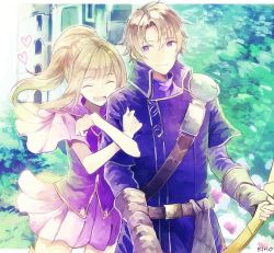 Rule 34 | 1boy, 1girl, arm hug, armor, blonde hair, blush, bow (weapon), brother and sister, clarine, closed eyes, fingerless gloves, fire emblem, fire emblem: the binding blade, gloves, heart, klein (fire emblem), long hair, long sleeves, nintendo, okii, open mouth, ponytail, purple eyes, short sleeves, siblings, skirt, smile, weapon