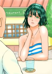 Rule 34 | 1boy, 1girl, absurdres, alternate costume, arm rest, bald, bare arms, bare shoulders, black hair, breasts, cleavage, closed mouth, collarbone, cup, dan tetsuo, dating, drink, fubuki (one-punch man), green eyes, hand on neck, hand on own neck, highres, large breasts, lips, looking at viewer, neck, one-punch man, outdoors, restaurant, saitama (one-punch man), serious, short hair, solo focus, strapless, striped, striped tubetop, table, tube top, upper body, water