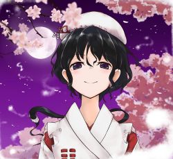 Rule 34 | 1girl, black hair, cherry blossoms, commentary request, detached sleeves, earrings, face, full moon, japanese clothes, jewelry, kimono, looking at viewer, medium hair, miko, moon, moonlight&#039;s anti-soul (touhou), night, night sky, portrait of exotic girls, purple eyes, red ribbon, ribbon, sky, smile, touhou, white headwear, white kimono, yata zetta
