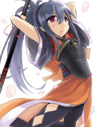 Rule 34 | 1girl, blue hair, blush, fire emblem, fire emblem fates, holding, holding weapon, japanese clothes, kabanshi, looking at viewer, naginata, nintendo, polearm, purple eyes, simple background, solo, weapon, white background