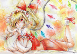 Rule 34 | 1girl, blonde hair, blush, colored pencil (medium), flandre scarlet, hat, hat ribbon, legs up, licking lips, looking at viewer, lying, marker (medium), midriff, mob cap, mosho, hugging object, on stomach, pillow, pillow hug, puffy sleeves, red eyes, red footwear, ribbon, shirt, shoes, short sleeves, side ponytail, signature, skirt, skirt set, solo, tongue, tongue out, touhou, traditional media, vest, wings, wrist cuffs