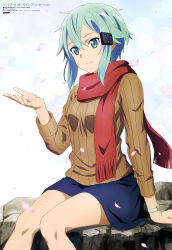 Rule 34 | 1girl, absurdres, blue eyes, blue hair, blue skirt, brown sweater, cherry blossoms, hair between eyes, hair ornament, hairclip, highres, long sleeves, miniskirt, red scarf, ribbed sweater, scarf, short hair with long locks, sidelocks, sinon, sitting, skirt, slit pupils, smile, solo, sweater, sword art online, watch, wristwatch
