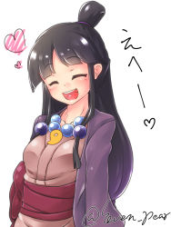 Rule 34 | 1girl, ace attorney, bad id, bad pixiv id, black hair, blush, breasts, commentary request, hair ornament, half updo, japanese clothes, jewelry, kimono, long hair, magatama, maya fey, necklace, open mouth, partial commentary, shichiri, simple background, smile, solo, white background