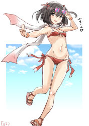 Rule 34 | 1girl, artist name, bikini, black hair, blue sky, breasts, brown eyes, cloud, commentary request, eyewear on head, fuji (pixiv24804665), full body, gradient scarf, highres, kantai collection, navel, open mouth, red bikini, sandals, scarf, sendai (kancolle), sendai kai ni (kancolle), side-tie bikini bottom, sky, small breasts, smile, solo, standing, sunglasses, swimsuit, two side up, white scarf