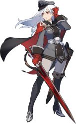 Rule 34 | 1girl, artist request, belt, black cape, black footwear, boots, breast pocket, breasts, cape, closed mouth, female focus, full body, gloves, grey hat, grey jacket, hand up, hat, high heels, highres, holding, holding sword, holding weapon, jacket, long hair, long sleeves, looking to the side, military, military uniform, non-web source, official art, pants, peaked cap, pocket, red eyes, red gloves, sheath, sidelocks, simple background, small breasts, solo, sword, tabard, thigh boots, thighhighs, transparent, transparent background, trine (world flipper), two-sided cape, two-sided fabric, uniform, weapon, white hair, white pants, world flipper