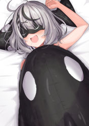 Rule 34 | 1girl, absurdres, ahoge, animal-shaped pillow, arm up, bare arms, bed sheet, black hair, blush, braid, commentary request, eye mask, fang, hair ornament, highres, hololive, holox, lying, medium hair, multicolored hair, on back, on bed, open mouth, sakamata chloe, saliva, silver hair, skin fang, sleeping, solo, streaked hair, stuffed orca, suicabar72, virtual youtuber, x hair ornament