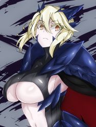 Rule 34 | 1girl, armor, artoria pendragon (all), artoria pendragon (fate), artoria pendragon (lancer alter) (fate), blonde hair, braid, breasts, brown eyes, cape, cleavage, closed mouth, fate/grand order, fate (series), from side, hair between eyes, highres, horns, large breasts, looking at viewer, looking to the side, midriff, navel, pale skin, pauldrons, saber (fate), saber alter, shoulder armor, sideboob, sidelocks, solo, sprout (33510539), stomach, swept bangs, underboob, upper body