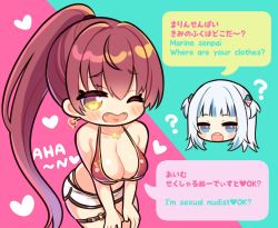 Rule 34 | 2girls, ?, bikini, bilingual, blue eyes, breasts, dolphin shorts, earrings, english text, engrish text, fangs, gawr gura, hair ornament, hands on own knees, heart, heart earrings, heart necklace, highres, hololive, hololive english, houshou marine, houshou marine (summer), jewelry, large breasts, legband, long hair, mashiro miru, mixed-language text, multiple girls, necklace, o-ring, one eye closed, open mouth, ponytail, ranguage, red bikini, red hair, shark hair ornament, sharp teeth, short shorts, shorts, smile, swimsuit, teeth, translation request, two side up, virtual youtuber, white hair, yellow eyes