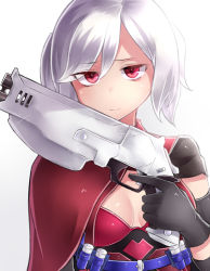 Rule 34 | 1girl, belt, breasts, bullet, bustier, cape, cleavage, commentary request, elbow gloves, gloves, gun, holding, holding gun, holding weapon, looking at viewer, medium breasts, neit ni sei, original, red eyes, silver hair, solo, twintails, upper body, weapon