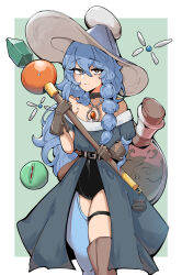 Rule 34 | 1girl, absurdres, azz0422, belt, blue hair, blue hat, border, braid, closed mouth, commentary request, dress, green background, grey eyes, hair between eyes, hat, highres, holding, holding staff, long hair, looking at viewer, mole, mole under eye, off-shoulder dress, off shoulder, original, outside border, simple background, single braid, solo, staff, standing, thigh strap, white border, witch