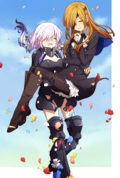 Rule 34 | 2girls, armored boots, black gloves, black legwear, blue sky, boots, breasts, brown hair, carrying, cleavage, cloud, commentary, day, eyepatch, closed eyes, fate/grand order, fate (series), flower, fou (fate), gloves, hair over one eye, long hair, long sleeves, mash kyrielight, mash kyrielight (ortenaus), medium hair, multiple girls, oiun, open mouth, ophelia phamrsolone, pantyhose, petals, pink hair, princess carry, red flower, sky, sleeves past wrists, smile, thigh boots, thighhighs, white flower, yuri