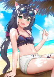 Rule 34 | 1girl, animal ear fluff, animal ears, beach, bikini, blue sky, blush, breasts, cat ears, cat girl, cat tail, cloud, cloudy sky, collarbone, commentary request, day, eyewear on head, fang, food, fukuro daizi, green eyes, grey-framed eyewear, horizon, karyl (princess connect!), looking at viewer, low twintails, multicolored hair, navel, ocean, open clothes, open mouth, open shorts, outdoors, popsicle, princess connect!, sand, shorts, sitting, skin fang, sky, small breasts, solo, streaked hair, swimsuit, tail, twintails, water, white hair, white shorts