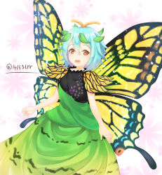 Rule 34 | 1girl, antennae, aqua hair, blush, butterfly wings, dress, eternity larva, fairy, floral background, green dress, hair between eyes, highres, insect wings, leaf, leaf on head, multicolored clothes, multicolored dress, open mouth, orange eyes, short hair, smile, solo, teeth, touhou, twitter username, upper teeth only, wings, yamamiya saki