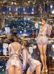 Rule 34 | 1boy, 1girl, ass, bent over, blue eyes, brown hair, candle, cyril brooklyn, dress, glasses, highres, open clothes, open dress, open mouth, pool, pool ladder, shirou masamune, short hair, smile, translation request, w tails cat