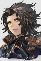 Rule 34 | 1boy, armor, black hair, breastplate, closed mouth, granblue fantasy, grey background, grey eyes, hungry clicker, lancelot (granblue fantasy), looking at viewer, male focus, parted bangs, pauldrons, plate armor, portrait, serious, shoulder armor, simple background, solo