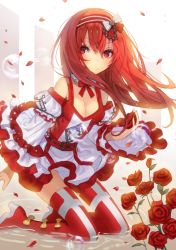 Rule 34 | 1girl, bad id, bad pixiv id, bare shoulders, blush, boots, breasts, bubble, cleavage, flower, hairband, high heel boots, high heels, kneeling, lloule, long hair, looking at viewer, medium breasts, original, red eyes, red flower, red hair, red rose, red thighhighs, rose, smile, solo, thighhighs