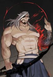 Rule 34 | 1boy, abs, arm tattoo, bara, beard, blue pants, bow (weapon), character request, check copyright, chest tattoo, copyright request, cowboy shot, eyepatch, facial hair, fire, gomtang, hakama, hakama pants, hip vent, holding, holding bow (weapon), holding weapon, japanese clothes, large pectorals, long hair, looking at viewer, male focus, mature male, muscular, muscular male, navel, navel hair, nipples, original, pants, pectorals, topless male, solo, stomach, tattoo, weapon, white hair