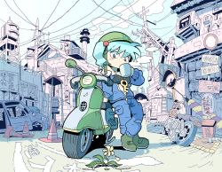 Rule 34 | 1girl, arm support, bad id, bad twitter id, blue eyes, blue hair, blue jacket, blue pants, boots, crossed legs, cup, daisy, drinking, flower, full body, green footwear, hair bobbles, hair ornament, hat, helmet, highres, jacket, jewelry, kawashiro nitori, key, key necklace, long sleeves, matching hair/eyes, motor vehicle, moyazou (kitaguni moyashi seizoujo), mug, necklace, open clothes, open jacket, outdoors, pants, partially colored, petals, phone, plant, pocket, power lines, road sign, scooter, sign, sky, smokestack, solo, standing, strapless, touhou, traffic cone, traffic mirror, tube top, twintails, two side up, unzipped, wheel, white flower, zipper, zipper pull tab