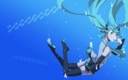 Rule 34 | 1girl, akanbe, aqua eyes, aqua hair, boots, detached sleeves, eyelid pull, floating hair, hatsune miku, highres, long hair, looking at viewer, necktie, rukaruca, skirt, solo, submerged, thigh boots, thighhighs, tongue, tongue out, twintails, underwater, very long hair, vocaloid