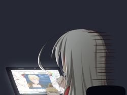 Rule 34 | 00s, 1girl, akizuki airi, cake, computer, eating, food, gradient background, laptop, lethe-shion, long hair, one eye closed, oni chichi, solo, tongue, tongue out