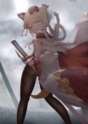 Rule 34 | 1girl, animal ears, blonde hair, breasts, closed mouth, erune, from behind, granblue fantasy, highres, holding, holding sword, holding weapon, katana, kimblee, long sleeves, looking at viewer, looking back, pantyhose, rain, short hair, small breasts, solo, standing, sword, vajra (granblue fantasy), weapon, wide sleeves, yellow eyes