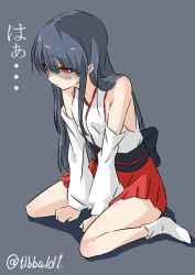 Rule 34 | 10s, 1girl, bad id, bad twitter id, bare shoulders, between legs, black hair, blush, detached sleeves, ebifurya, eyebrows, full body, fusou (kancolle), grey background, hair between eyes, hand between legs, highres, inactive account, japanese clothes, kantai collection, long hair, long sleeves, miko, no shoes, obi, red eyes, red skirt, sash, shaded face, shadow, sidelocks, simple background, sitting, skirt, socks, solo, translation request, twitter username, wariza, white socks