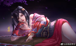 Rule 34 | 1girl, bare legs, black hair, chi lian (qin shi ming yue), chi lian qiju zhu, coin, dress, expressions, hand on own face, highres, looking at viewer, lying, on side, qinshi mingyue, red dress, shorts, solo, upper body