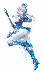 Rule 34 | 1girl, absurdres, alternate costume, ass, blue eyes, boots, breasts, crown, gauntlets, highres, huge weapon, jacket, king&#039;s raid, long hair, looking at viewer, low ponytail, official art, open mouth, pants, ponytail, scarlet (king&#039;s raid), silver hair, solo, sword, weapon