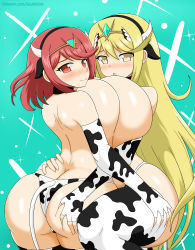 Rule 34 | 2021, 2girls, absurdres, ahoge, animal print, ass, ass grab, bare shoulders, bikini, blonde hair, blush, breast press, breasts, butt crack, come hither, cow print, deep skin, elbow gloves, embarrassed, fingerless gloves, from behind, gloves, highres, huge ass, huge breasts, long hair, looking at viewer, looking back, multiple girls, mythra (xenoblade), naughty face, nintendo, open mouth, pyra (xenoblade), red eyes, red hair, shiny skin, short hair, sideboob, smile, soulkibble, swimsuit, tail, thick thighs, thighhighs, thighs, thong, thong bikini, very long hair, xenoblade chronicles (series), xenoblade chronicles 2, yellow eyes