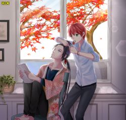 Rule 34 | 2boys, ahoge, autumn leaves, bad id, bad pixiv id, barefoot, black hair, black pants, blue eyes, chair, day, floral print, green eyes, hairdressing, indoors, kusunokinawate, leaf, lens flare, long hair, male focus, maple leaf, mouth hold, multiple boys, omc, pants, plant, ponytail, potted plant, red hair, shirt, sitting, very long hair, white shirt, window, wristband
