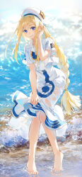 Rule 34 | 1girl, absurdres, alicia florence, aria (manga), aria company uniform, artist name, barefoot, beach, blonde hair, bloom, blouse, blue bow, blue bowtie, blue eyes, bow, bowtie, braid, braided ponytail, dated, day, dress, feet, floating hair, frilled shirt, frills, full body, hand up, hat, heel up, highres, holding, knees together feet apart, long dress, long hair, looking at viewer, ocean, outdoors, parted lips, sailor collar, see-through, shirt, shore, short sleeves, sidelocks, single braid, skirt hold, smile, solo, standing, swkl:d, tiptoes, toes, tucking hair, twitter username, uniform, very long hair, water, waves, wet, wet clothes, white dress, white hat, white sailor collar, white shirt