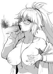 Rule 34 | 1boy, 1girl, blush, breasts, censored, collarbone, etsem, fate/grand order, fate (series), fellatio, glasses, grabbing own breast, greyscale, hetero, highres, jacket, jeanne d&#039;arc (fate), jeanne d&#039;arc (ruler) (fate), jeanne d&#039;arc (swimsuit archer) (fate), jeanne d&#039;arc (swimsuit archer) (second ascension) (fate), large breasts, long hair, male pubic hair, monochrome, mosaic censoring, nipples, open clothes, open jacket, open mouth, oral, penis, ponytail, pubic hair, puffy nipples, simple background, solo focus, whistle, whistle around neck, white background